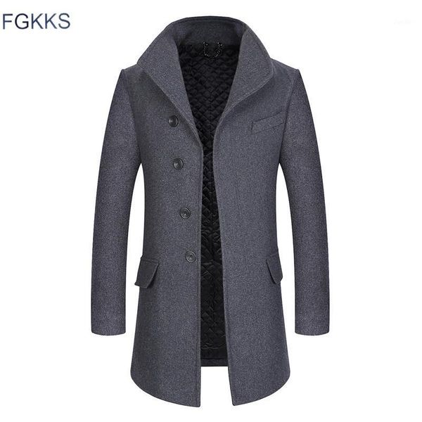 

fgkks men winter wool coat men's casual solid color slim fit warm thick wool blends woolen pea coat male trench overcoat1, Black