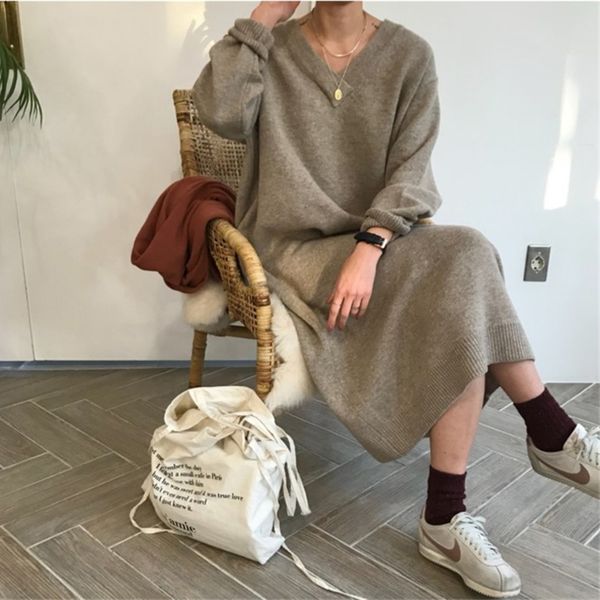 

bgteever chic oversize thick long sweater dress women v-neck autumn winter straight sweater dress female casual loose knit dress c0122