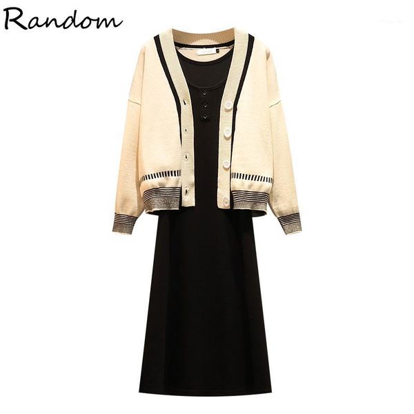 

vinatge knitted dress two piece set women elegant long sleeve cardigan and sleeveless vestsundress suit plus size outfit1, Gray