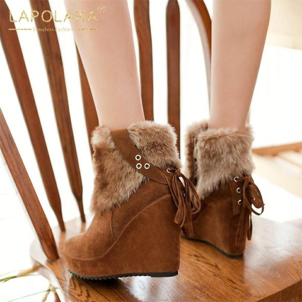 

boots lapolaka 2021 fashion add fur platform warm woman shoes zip up wedge high heels winter ladies female, Black