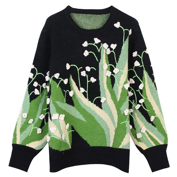 

2020 winter women long-sleeved o-neck flower embroidery green vintage fashion knitted pullover sweater brand design new, White;black