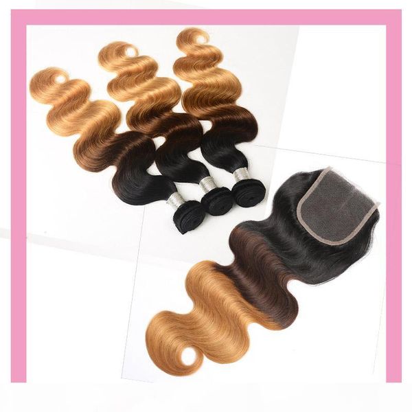 

mongolian virgin hair 1b 4 27 body wave human hair extensions 3 bundles with 4x4 lace closure middle three part 1b 4 27, Black;brown