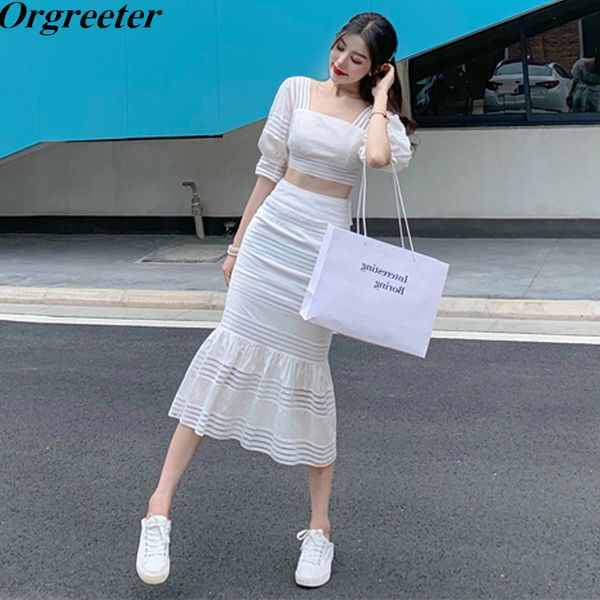 

separate sales hollow out crop + lace up mermaid skirt 2 piece set women backless puff sleeve and long skirt set t200702, White