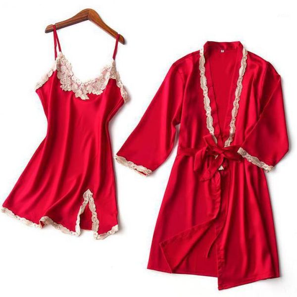 

summer wedding robe set women 2pcs sleepwear satin bathrobe gown silky casual nighty&robe set female loose home clothes1, Black;red