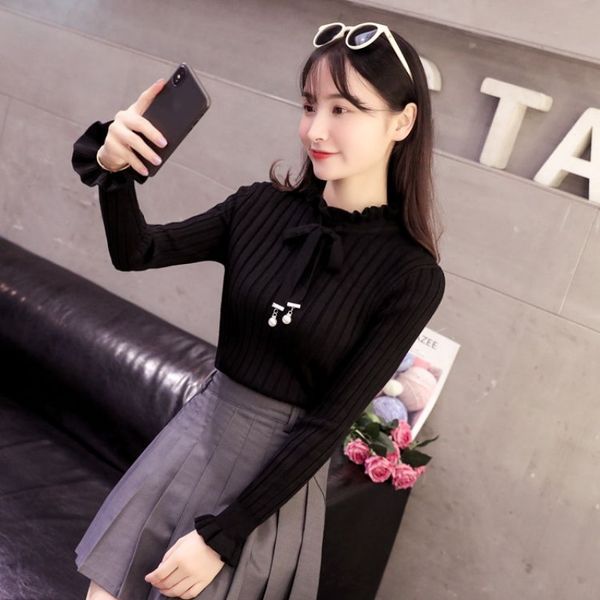 

2020 bow new sweater women's autumn and winter korean-style long-sleeved slim pullover bottoming shirt, White;black