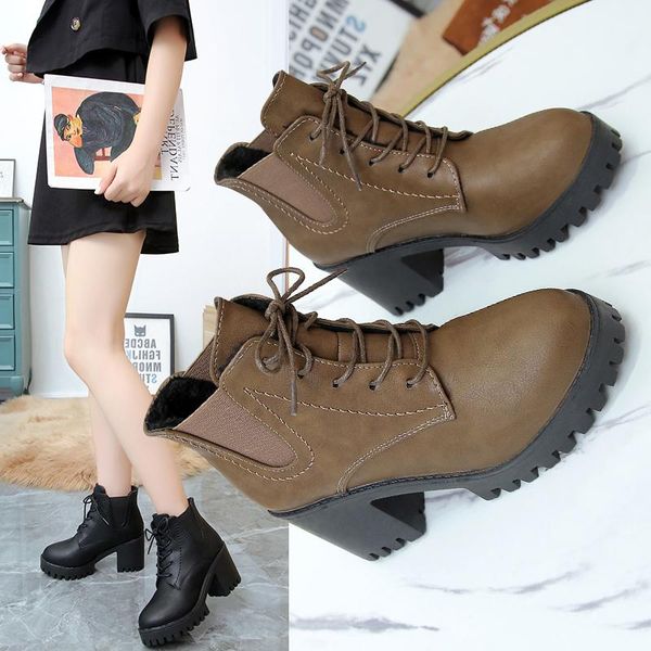 

women's boots autumn shoes booties ladies round toe winter footwear clogs platform boots-women low heels booties rock, Black
