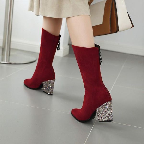 

pxelena designer women mid calf boots bling sequined high heels shoes female 2020 winter elegant faux suede black red gray 34-43