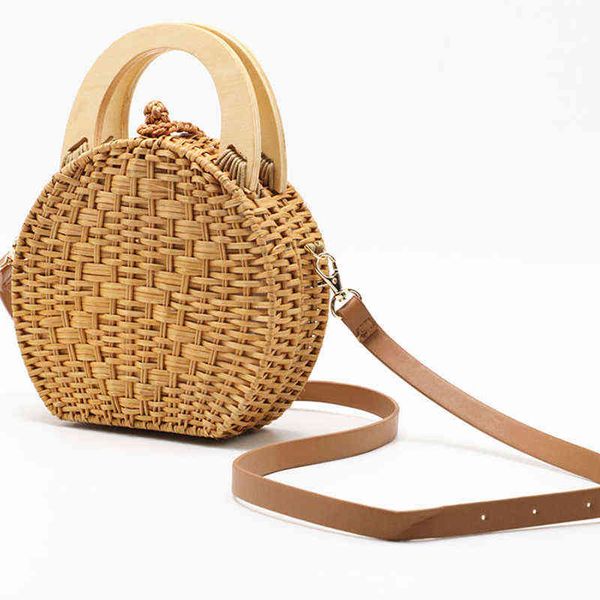 

shopping bags women s trendy fashion shoulder wooden handle rattan woven camel new straw crossbody 220309