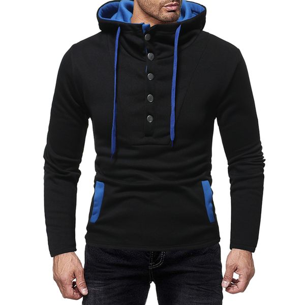 

european and american personality button splice contrast color long sleeve men's slim hoodie, Black