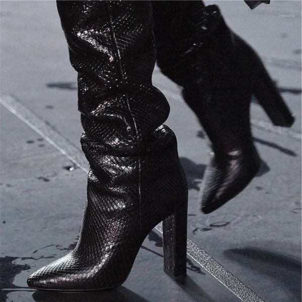 

new gold color snake skin catwalk new high-heeled pointed snake print boots fashion pointed toe high heels knee high boot1, Black
