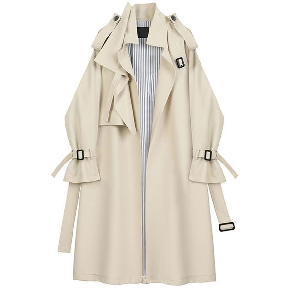 

superaen windbreaker отключает воротник среднего теленка сплошной тонкий талия повседневная пальто женской одежды, Tan;black