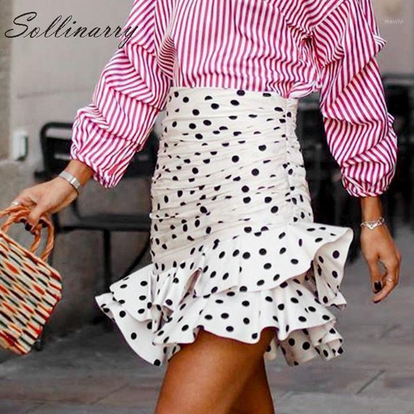

sollinarry polka dot elegant short skirts women high waist fashion autumn ruffles skirts ladies winter bodycon slim skirt retro1, Black