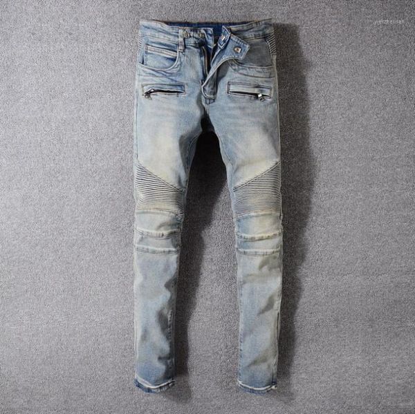 

men's draped ripped skinny biker classic washed motorcycle jeans destroyed straight pants slim fit denim scratched overalls jean1, Blue