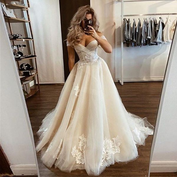 

custom off shoulder a line wedding dresses with flower appliques sweep train lace up back tulle bridal gowns vestido de noiva, White