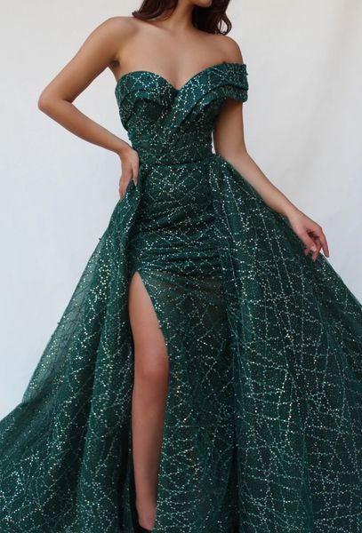 

green one shoulder mermaid evening dresses cap sleeves high side split detachable train tulle formal prom gowns, Black;red