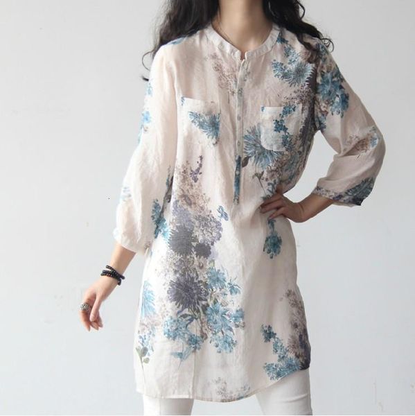 

johnature floral print cotton linen size s xxxl lantern sleeve women long blouse 2021 new spring summer loose soft plus size long, White