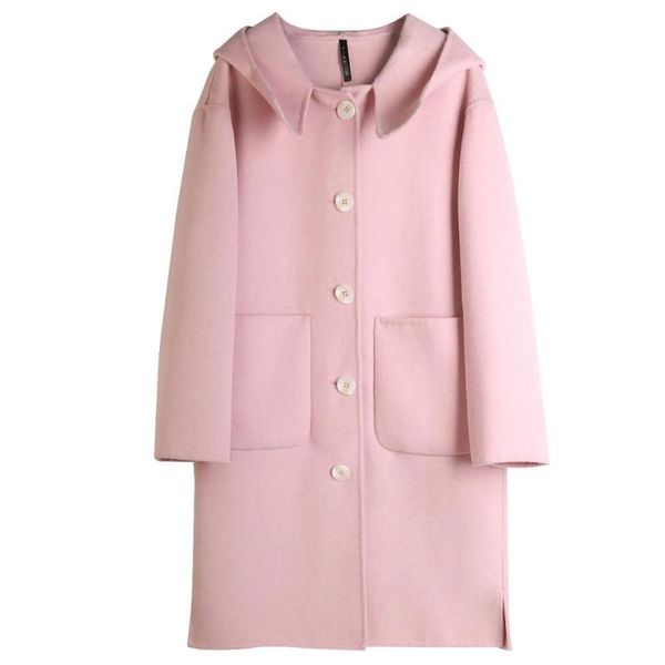 

2021 autumn and winter new young hooded double-sided wool mid-length straight single-breasted solid color jacket women b172, Black