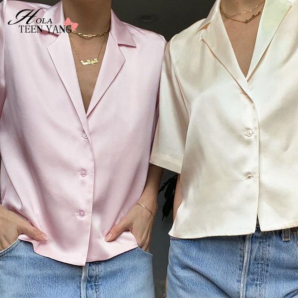 

female satin silk pink shirts ladies work wear turn down collar pink blouse women blusas feminine elegant short sleeve top, White