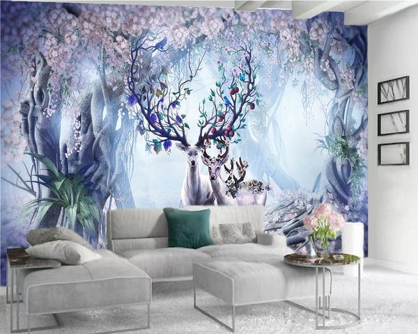 Papel de parede do animal 3d 3d Quarto Wallpaper Sika Cervos na decoração Home 3d Wallpaper Dreamy Flower Floresta Modern