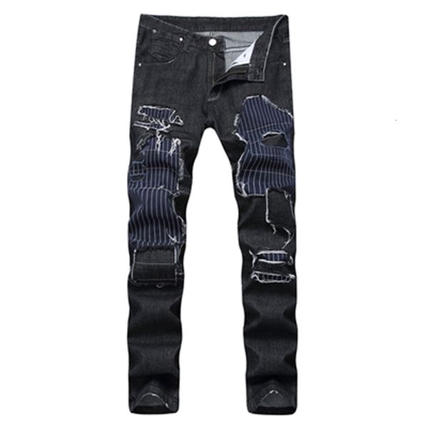 

2021 new spring summer european american original trend embroidered jeans men's male hole patch straight slim pants trousers ig5w, Blue