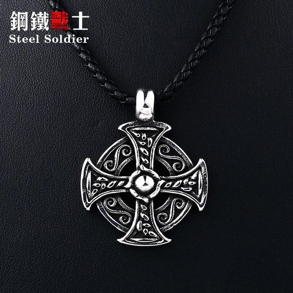 

steel soldier nordic viking cross pendant necklace men stainless steel exquisite party jewelry, Silver