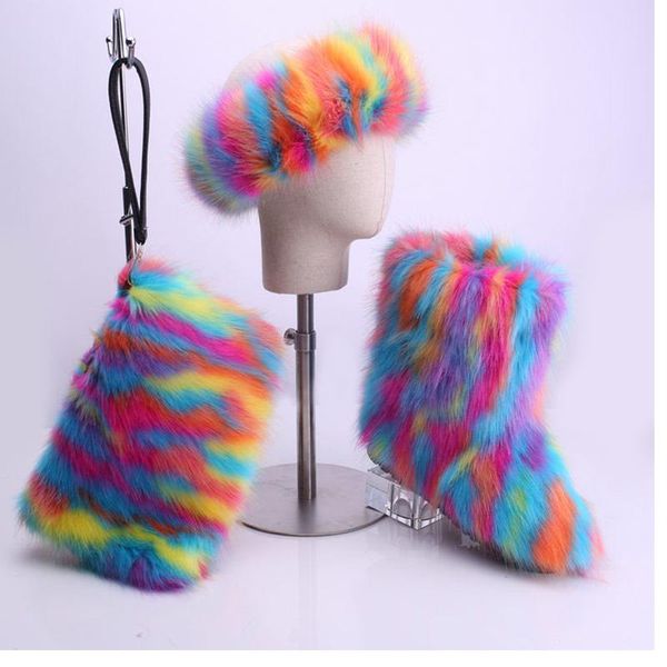 

boots women winter fur snow women's short plush ankle ladies bag and hat sets female warm flats woman 2021 plus size, Black