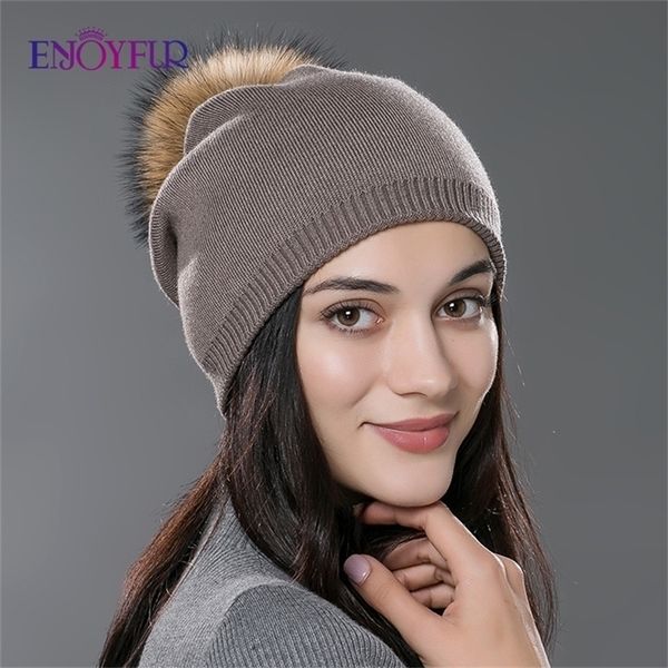 

women winter wool knitted beanies real natural fox fur pompom hats solid colors gorros cap female causal hat y201024, Blue;gray