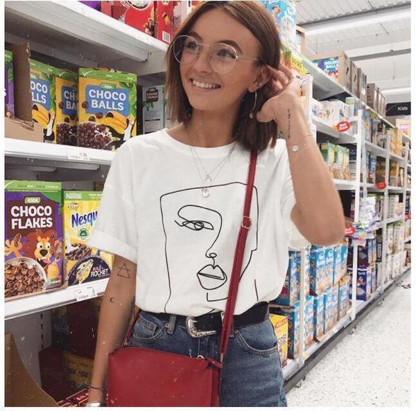 

summer women tshirt face abstract printed simple cotton casual loose funny t shirt gift for young lady girl beach tee1, White
