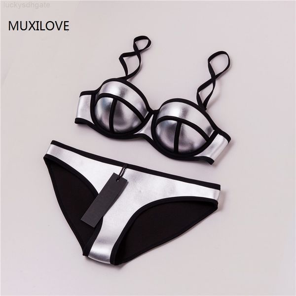 

bikini neoprene summer padded push up muxilove 100% set women swimsuit swimwear bathing biquini swim suit gold silv, White;black