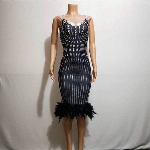 

shiny nightclub rhinestone black feather dress for female host evening party clothing birthday bar dj women stage costume dj548, Black;red