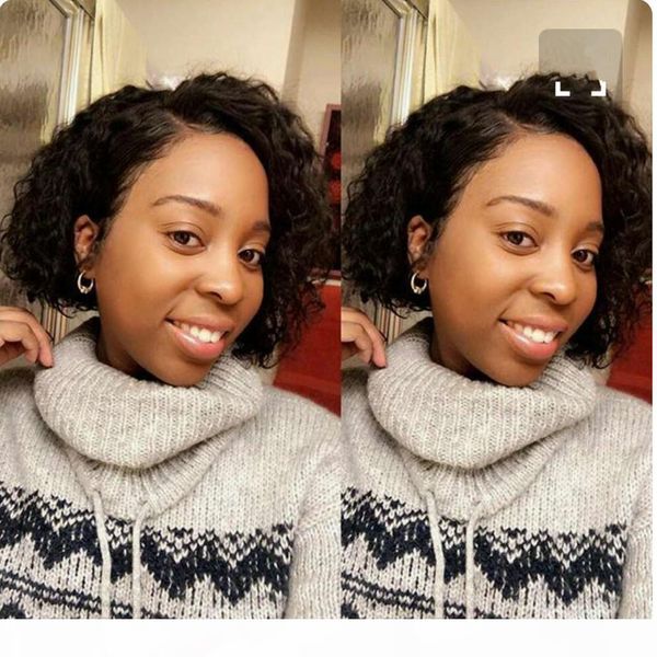 

curly bob lace front wig brazilian virgin human with baby hair short curly for black women side part pre plucked slightly bleached knots, Black;brown