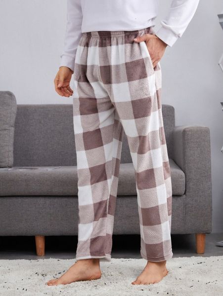 

men buffalo plaid print flannel pajama pants 895z#, Black;brown