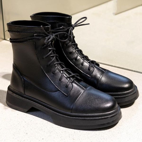 

boots quality suede leather ank women 2021 winter fashion motorcycle flats lace up black shoes woman casual