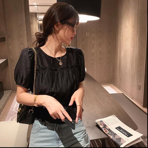 

mishow 2021 summer fashion blouses pleated casual puff sleeve women solid slim female clothing mx20b4238, White