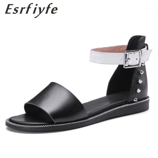 

esrfiyfe chaussures femme ete 2020 genuine leather summer shoes woman fashion flat women sandals casual beach women shoes1, Black