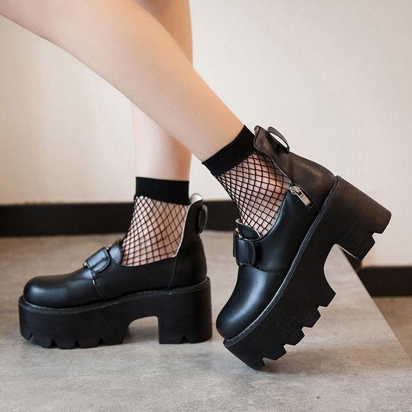 

japanese academy style women's black wedge heel shoes 2019 new role-playing platform shoes. 1007, Black;white