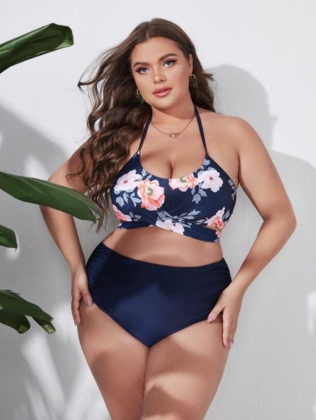 

plus floral print wrap bikini swimsuit f2bs#, Black