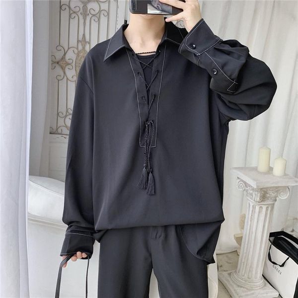 

men's dress shirts spring autumn tie solid long-sleeved shirt men korean loose streetwear hip hop casual stage show black, White;black