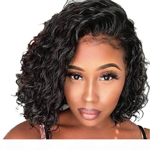 

human hair short bob wig for black women brazilian virgin lacefront curly wavy bob lace front wigs pre plucked with baby hair, Black;brown