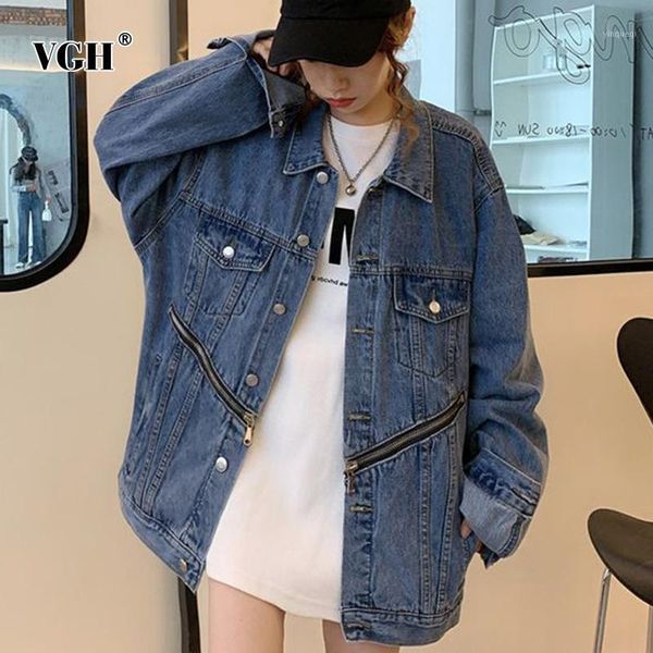 

vgh blue jackets for women lapel long sleeve patchwork zippers streetwear designer loose coats female 2021 autumn clothing tide1, Black;brown