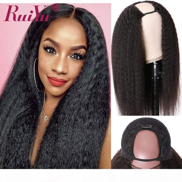 

ruiyu kinky straight hair u part human wig for black women middle part clip in hair half wigs u shape wig 150 density, Black;brown