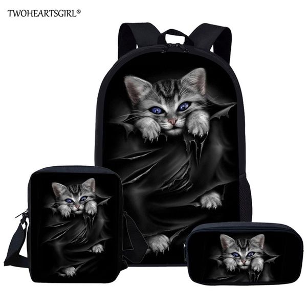 Twoheartsgirl 3 adet / takım Sevimli Siyah Kedi Baskı Okul Çantaları Çocuklar Için Birincil Schoolbags Kızlar Büyük Kapasiteli Kitap Çantaları Satchel LJ201225