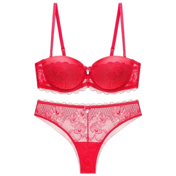 

bra set women push up brassiere demi cup underwire bow decoration convertible straps thong lingerie women for bride lj201211, Red;black