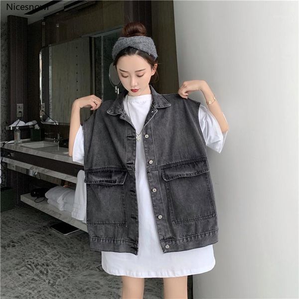 

women vests denim vest women loose spring autumn student wild women's lapel single-breasted vest1, Black;white