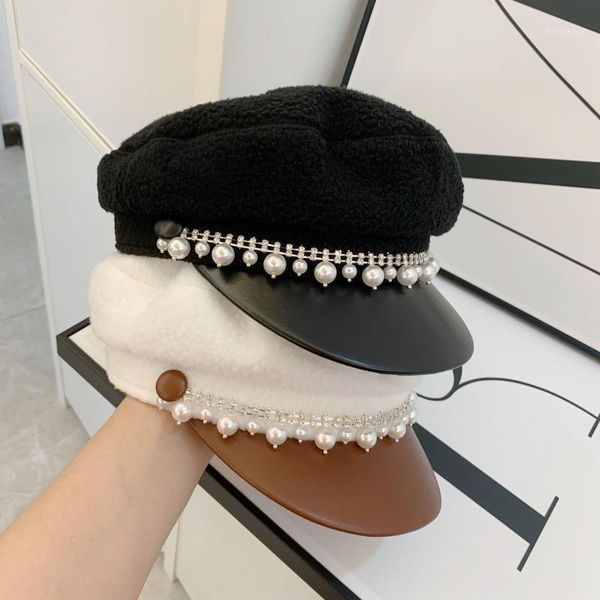 

202009-yu805479697 winter diamond pearl chain pu brim leisure lady octagonal hat women visors cap1, Blue;gray