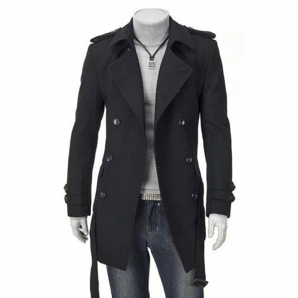 

solid trench coat men long slim belt jacket mens casual warm korean style overcoats double breasted windbreaker male coats, Tan;black