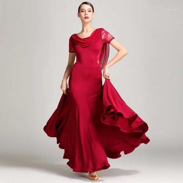 

stage wear red lace ballroom dance dresses waltz for dancing clothes foxtrot flamenco modern costumes1, Black;red
