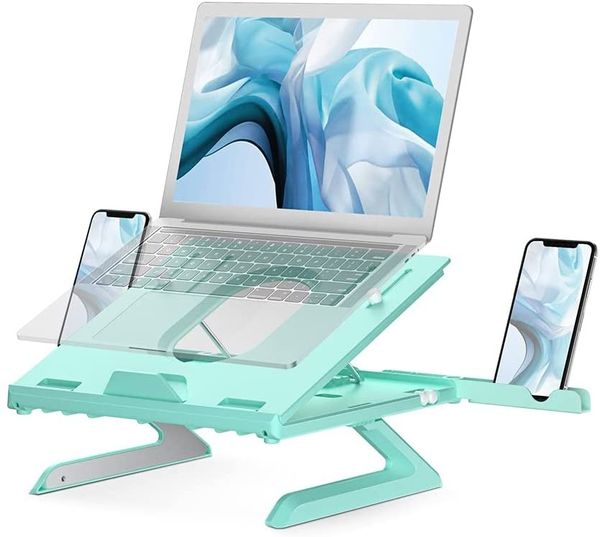 Supporto per laptop regolabile multi-angolo, supporto per laptop portatile con gambe pieghevoli integrate e supporto per telefono, supporto per laptop ventilato verde menta