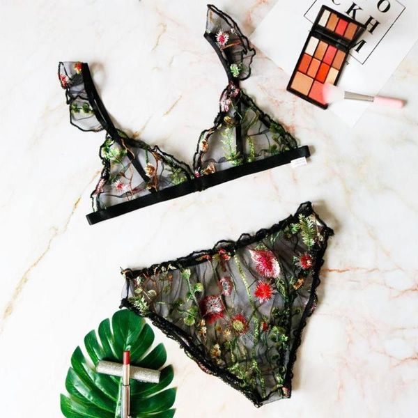

women flower embroidery lingerie set plus size lace bra underwear set conjunto sujetadory braga mujer 2020 new e1, Red;black
