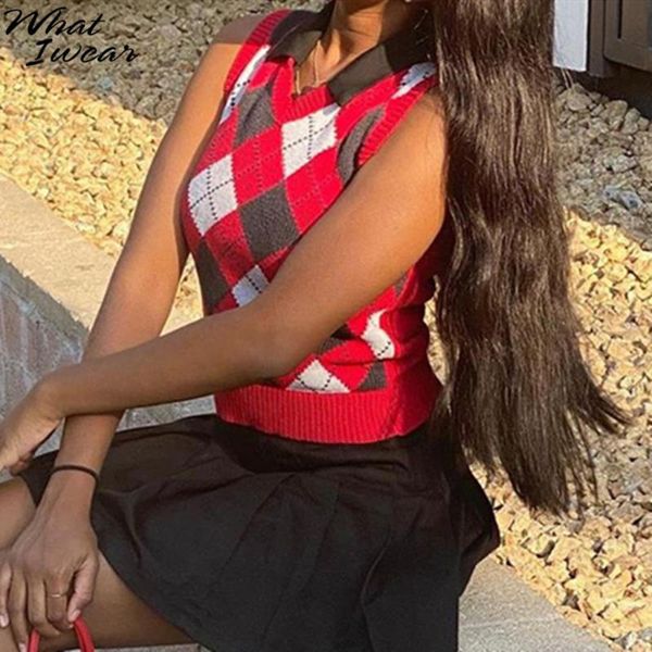 

women's tanks & camis autumn argyle v neck sleeveless knit sweater vest women y2k casual fashion streetwear tank classic england preppy, White